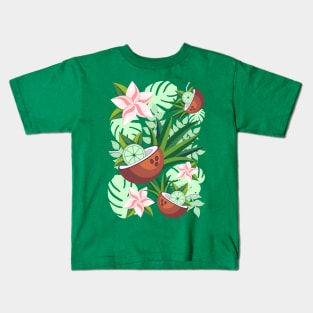 Lime in Coconut with Pink Plumeria Flowers Tropical Summer Pattern Kids T-Shirt